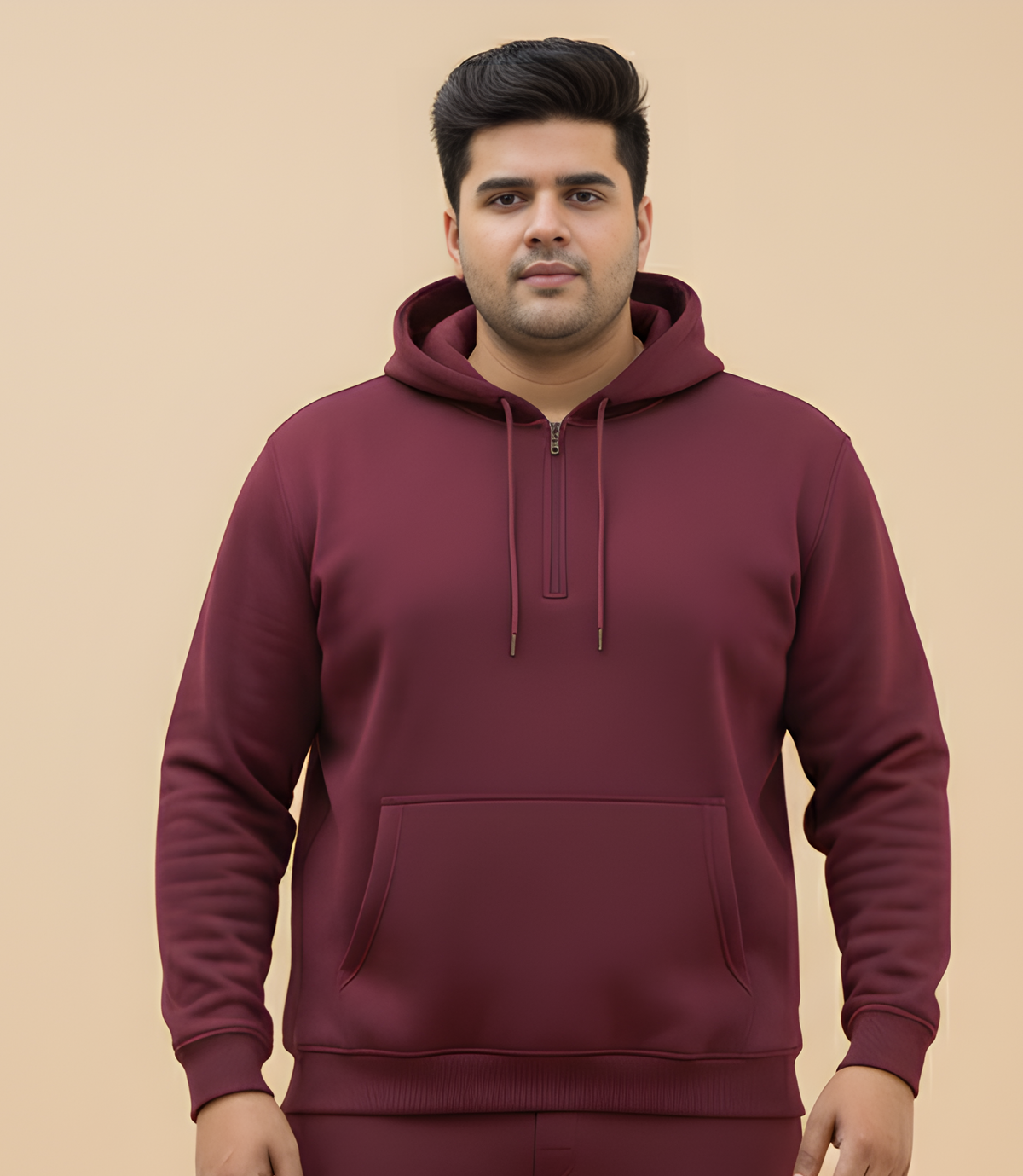 Plus Size Maroon Half-Zip Fleece Hoodie